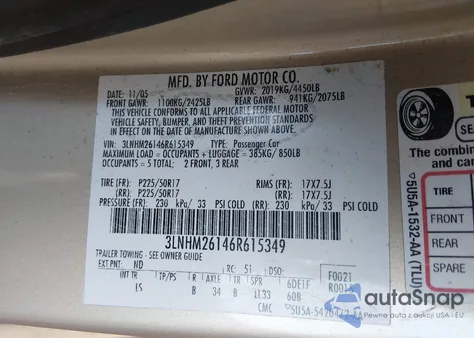 2006 Lincoln Zephyr z USA, uszkodzony, nr VIN 3LNHM26146R615349